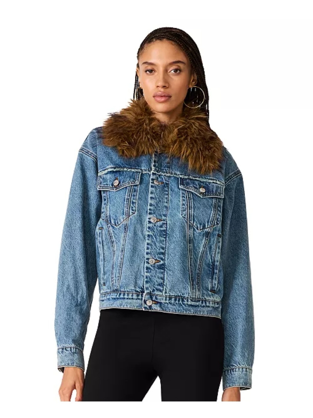 Steve Madden Blue Denim Jacket with Brown Faux-Fur Collar